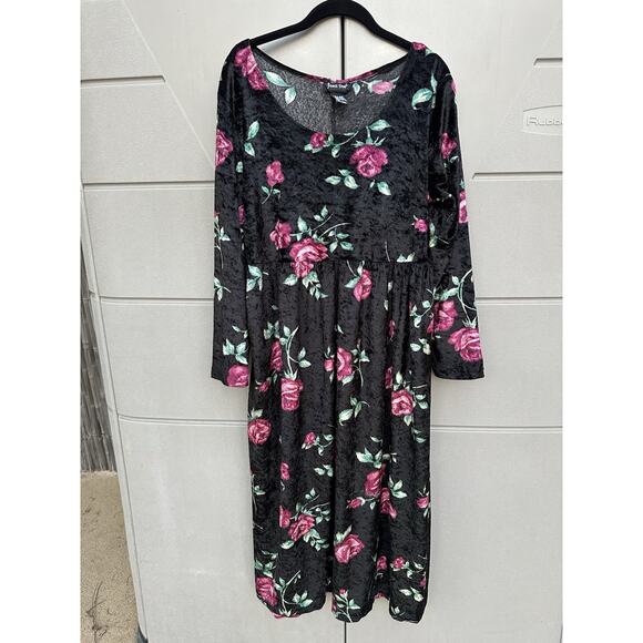 VTG 90s Jamie Brooke Dark Floral Crushed Velvet Midi Dress Sz 16 Whimsigoth Y2K - Picture 2 of 8